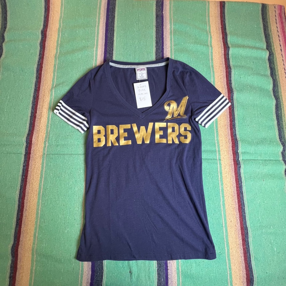 PINK Victoria's Secret Milwaukee Brewers Women Medium Navy Gold V-Neck Tee MLB